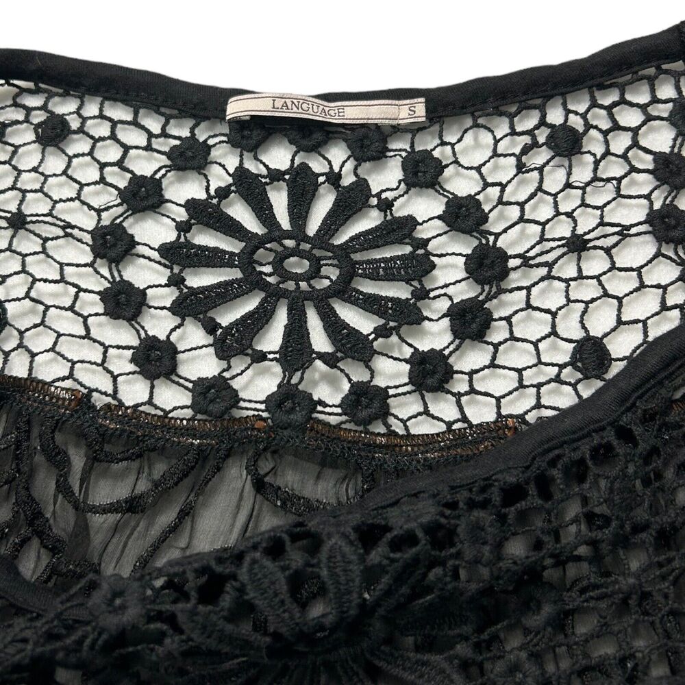 Language Womens Embroidered Tunic Top Lace Yoke 3/4 Sleeve Silk Blend Black Sz S - Picture 7 of 14